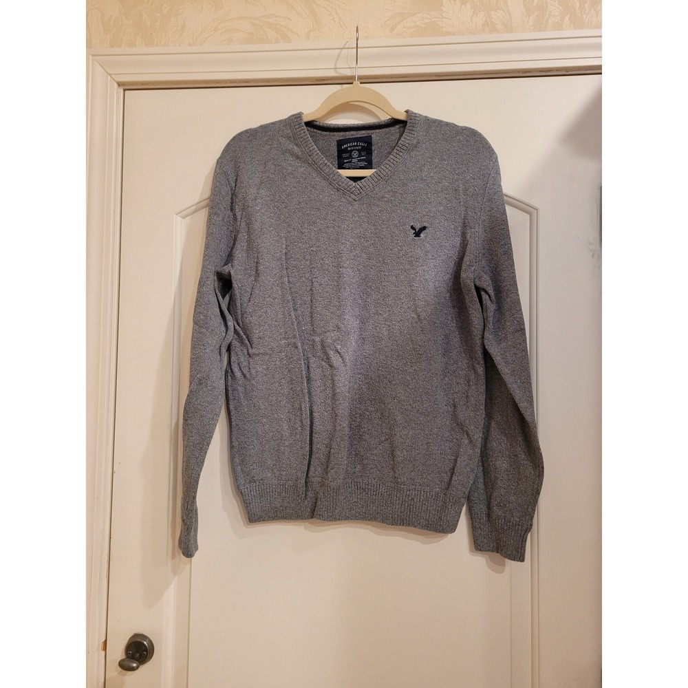 American Eagle Outfitters Mens Grey V-Neck Cotton Sweater Logo Size Medium